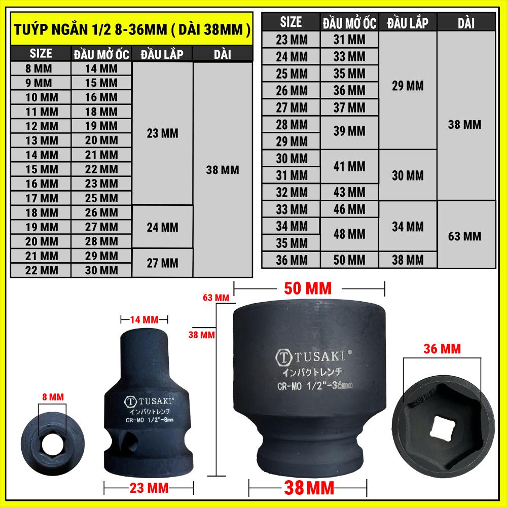 Đầu típ 1/2 khẩu ngắn 38mm