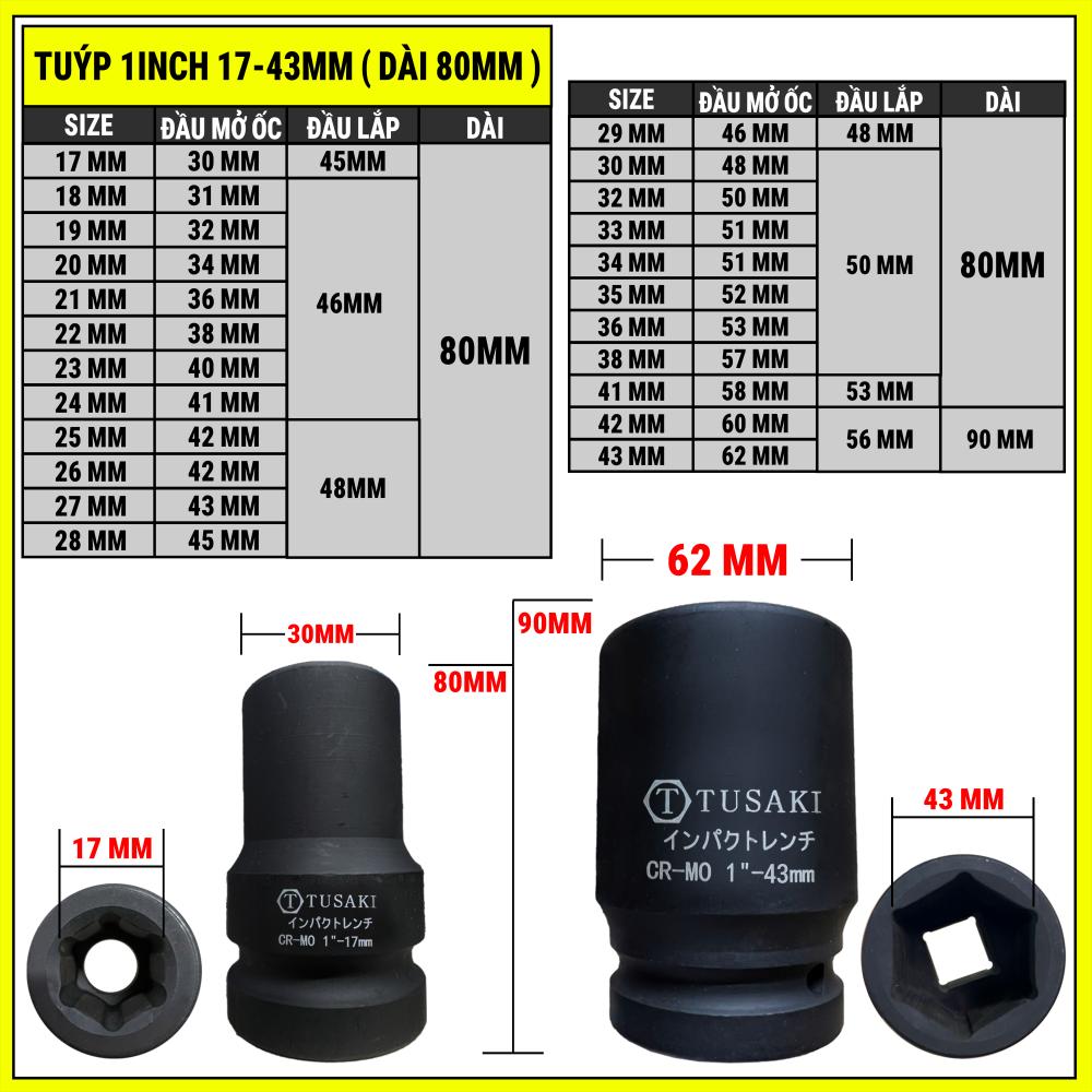 Đầu típ 1inch cỡ nhỏ 17-43mm ( lục giác ) 